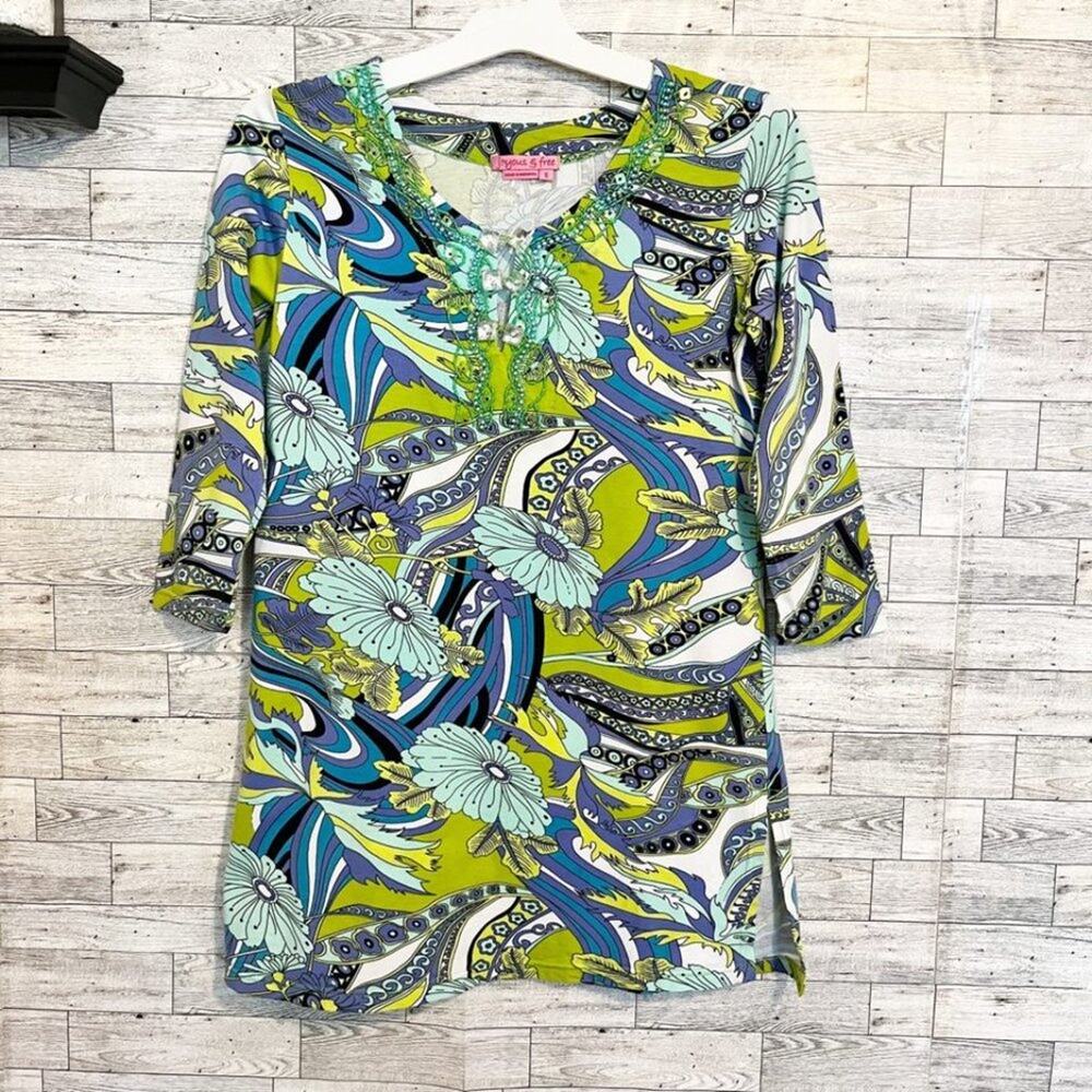 Embellished Tunic Joyous & Free Boho Print Purple Green S - Picture 3 of 9